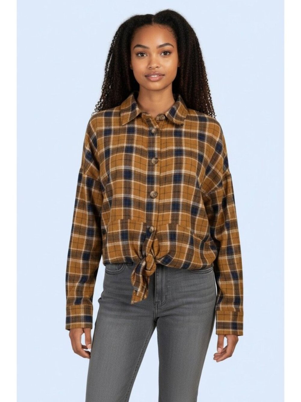 Day to Day blue pepper long sleeve button up plaid women tie top sz S